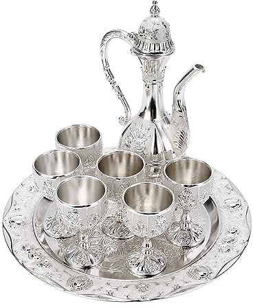 Vintage Metal Turkish Coffee Pot Set Turkish Tea Set with 6 Luxury Coffee Cups and Craft Tea Tray Teapot for Serving Tea Coffee Cappuccino, Turkish Teapot for Wedding Gift,Silver