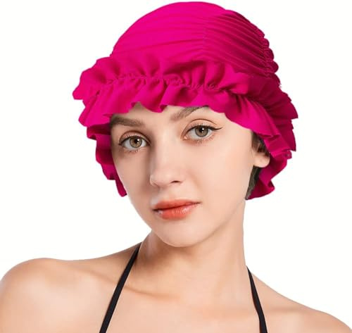 Femme Bonnet de Bain pour Cheveux Longs et Courts Bonnet de Bain à Volants à Séchage Rapide Bonnet de Natation en Nylon Non Imperméable Bonnet de Douche Spa Élastique Bonnet de Surf Piscine Vintage