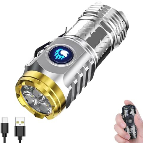 PKKP Mini lampe de poche avec monstre à trois yeux - LED étanche - Extrêmement lumineuse - Rechargeable par USB - 5 modes d'éclairage - Mini lampe à main pour le camping, la randonnée - Argenté