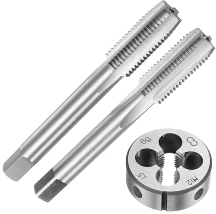 QUARKZMAN Ensemble de 3 Tarauds et Filières Métriques à Main M12 x 1,5 | Tarauds Coniques/Intermédiaires et Filière Ronde, Kit d'Outils de Filetage à Main pour la Réparation de Filetages