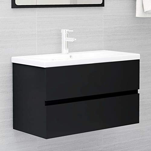 Tidyard Sink Cabinet with Built-in Basin Under Sink Cabinet with 1 Drawer Storage Cabinet Bathroom Furniture Set Wall Hung Bathroom Vanity Unit Basin Black Chipboard 80 x 38,5 x 45 cm