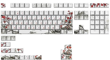 CherryProfile Lot de 129 touches en PBT DYESUB Motif fleurs de prunier russe Coréen Japonais pour claviers mécaniques russes 129 touches