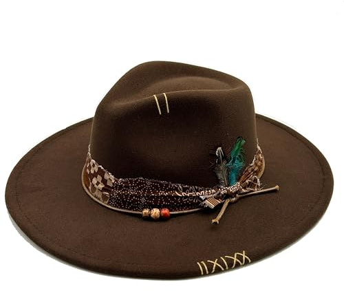 Wotfim Klassischer Fedora-Hut mit breiter Krempe, für Damen, Herren, Schlapphut, Panamahut, Westernhut, Filz, Outdoor-Hut mit Band, Sonnenschutz