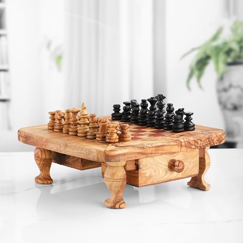 M´Zaytouna Schachtisch rustikal mit Schublade aus Olivenholz, Schachspiel, 100% Bio, Handgefertigtes Schachbrett mit Füßen und intigrierte Schublade, Brettspiel aus reinem Olivenholz (Rot)