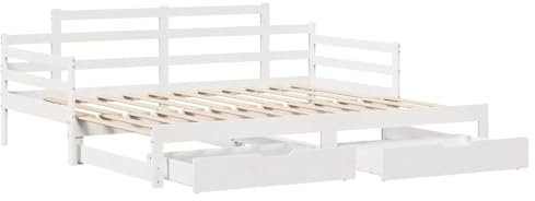 vidaXL Tagesbett, Bettsofa Ausziehbar mit Schubladen, Gästebett ohne Matratze mit Lattenrost, Ausziehbett Schlafsofa, Weiß 80x200cm Massivholz Kiefer