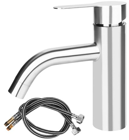 bssmmai Bathroom Basin Taps, Single Lever Hot and Cold Basin Mixer Tap with UK Standard Hoses, Solid Brass Hot and Cold Mono Sink Tap Chrome for Cloakroom&Washroom