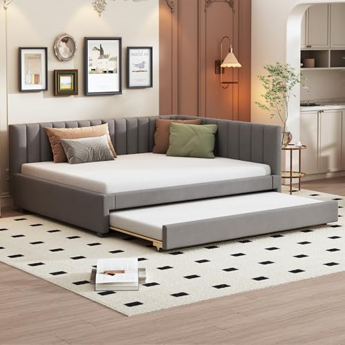 Merax Schlafcouch 140 x 200 cm mit Ausziehbett, Multifonctionnel Couch Bett mit Lattenrost, Samtstoff, Grau (Ohne Matratze)