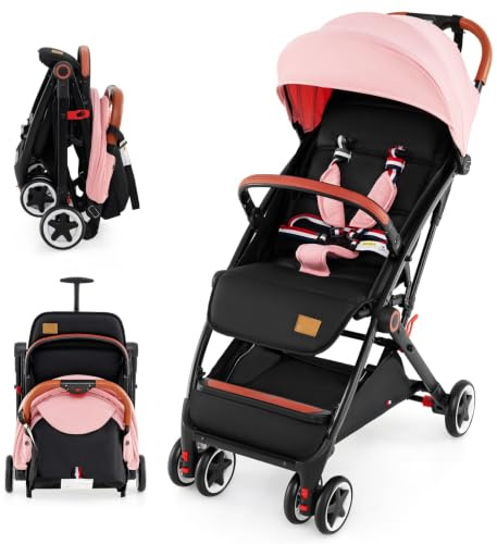 Foldable Baby Stroller, Lightweight Toddler Travel Pushchair for Airplane, Compact Infant Buggy with 5-Point Harness, Adjustable Backrest Footrest Canopy, Storage Basket (Coral Pink)