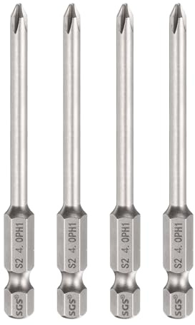 sourcing map Lot de 4 embouts de tournevis cruciformes PH1 à tige hexagonale de 75 mm de long avec tige magnétique cruciforme en acier S2 pour outils électriques, gris