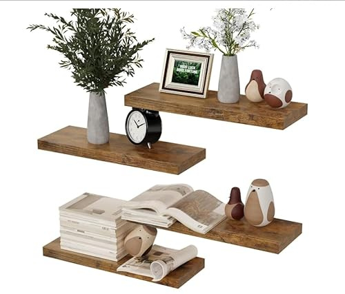 RICHER HOUSE Wandregal Braun 40 cm, 4er-Set Holz Schweberegal | Wandboard Regal Wand DVD Hängeregal Deko-Holzregale für Küchenregal, Schlafzimmer, Büro, Wohnzimmer, Badezimer, Moderne