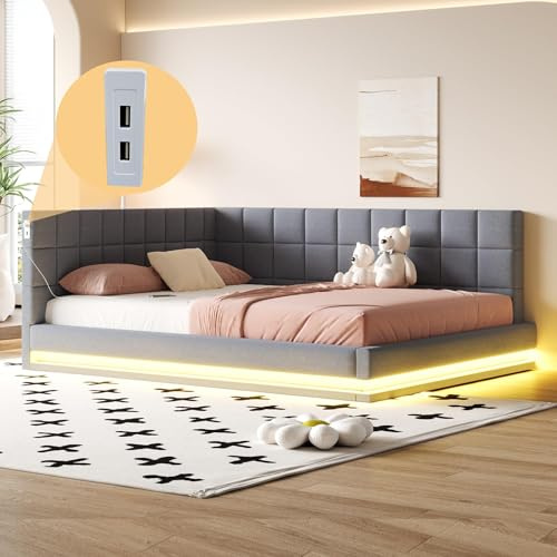 Lahoomu Polsterbett Schlafsofa 160 * 200 Multifunktionsbettmit LED Lichtleiste, USB Steckdose und Lattenrost, Hautsympathischer Samtstoff Grau