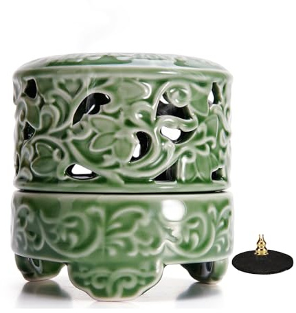 USMOLA Incense Burner with Lid, Ceramic Incense Holder for Stick Cones & Coils Incense with Burn Cotton for Home, Office, Yoga, Green Lotus