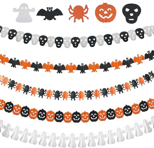 5 pcs Halloween Banner Pumpkin Bat Spiders Ghost Skeleton Party Paper Hanging Decorations Pattern Paper Chain Garland for Party Decor,Trick or Treat Indoor Outdoor Reusable