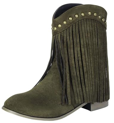 Ankelbruna cowboystövlar kvinnor tofs mode låg klack bred passform västerländska stövlar kvinnor enfärgad plus size mocka chelsea stövel mjuk bekväm varm damer vinterstövel, gRÖN, 46 EU
