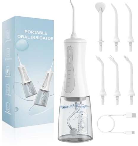Irrigador Bucal Portatil con Depósito de Agua de 350 ml Irrigador Dental Portatil con 5 Modos y 5 Boquillas Resistencia al Agua IPX7 para la Limpieza y el Cuidado Dental, para uso en Casa y de Viaje