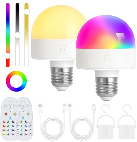 Fynokst Bombillas recargables con cronómetro y control remoto, bombillas de fotobatería ajustables, bombillas LED recargables extraíbles E27, con 3 temperaturas de color + 12 RGB 2 paquetes