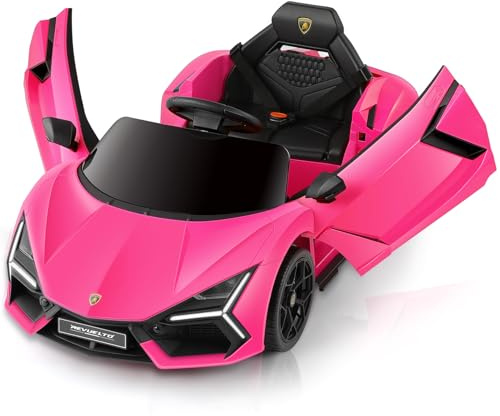 ELEMARA Lamborghini Elektroauto für Kinder, 12V Kinder Elektroauto mit Scherentür, Kinderauto mit Fernbedienung, Bluetooth, LED-Licht, MP3-Player und breiter Sitz, Rosa