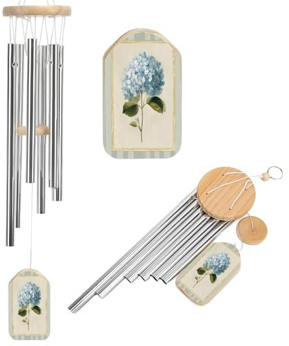 Carillon éolien botanique vintage avec 6 tubes en aluminium pour décoration de jardin et jardin Motif hortensia Bleu