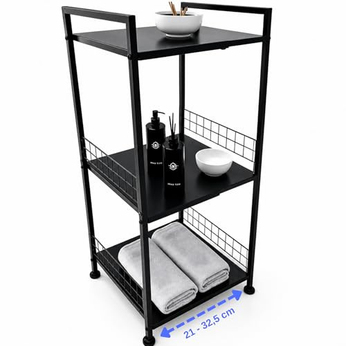 SOMIQ Verstellbares Nischenregal Metall – 21–32,5 cm ausziehbar – Schmales Badregal 3 Ebenen – Freistehend für Bad, Küche, Waschmaschine & Abstellraum – 60 kg belastbar