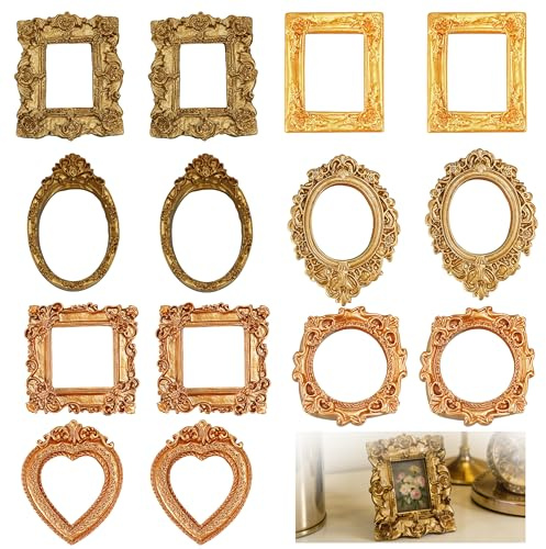 14 Piezas Mini Marcos Vintage, Mini Marcos Dorados de Resina, Juego de Marcos de Fotos Dorados DIY Compatibles con Decoración Navideña, Decoración de Mesa, Accesorios Fotográficos, Decoración de Pared