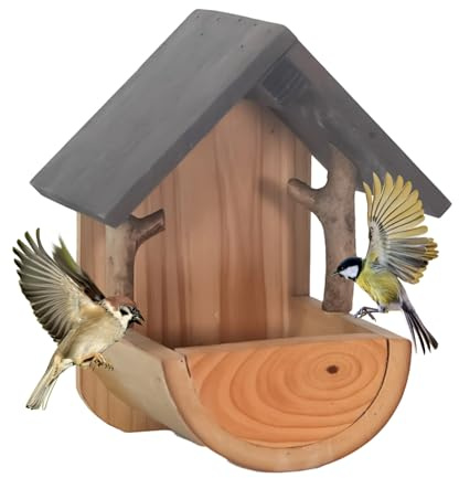 Mangiatoia per uccelli in legno, montaggio a parete, in legno, resistente alle intemperie, stazione di alimentazione per uccelli, per visualizzare fringuelli, patio, giardino, casa, voliera