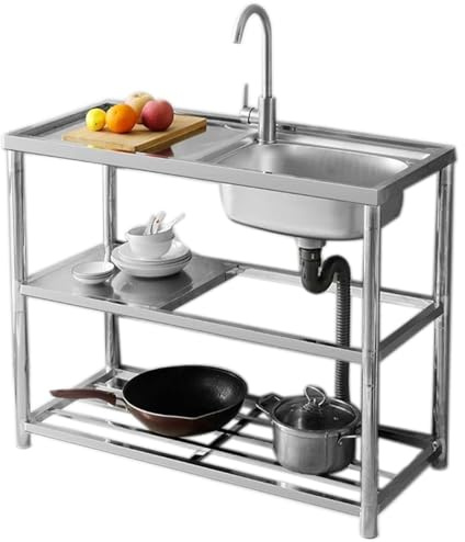 JIIPOREGJ One-Piece Stainless Steel Sink, Freestanding Sink with Platform, with Stand, with Faucet, Multi-Tier Shelves, Practical Sink for Outdoor Garden, Indoor Kitchen,2533 Right Basin 80 * 45Cm
