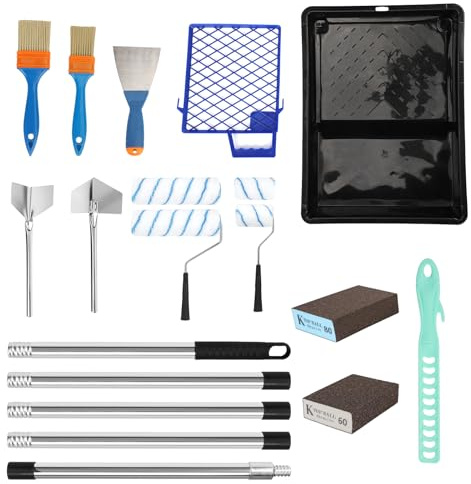 Qivine 19pcs Paint Roller Set, Paint Roller Tray with Extension Pole & Angled Paint Edger & Paint Grid & Paint Can Opener & Sanding Blocks & Paint Roller & Brushes & Scraper for Walls and Ceilings
