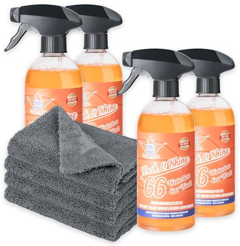 Shinykings 4 x 0,5L Wash&Shine66 California Trockenreiniger, Autowaschen ohne Wasser, Lackpflege Auto waschen ohne Wasser für Innen und Aussen alle Oberflächen Orangen Duft