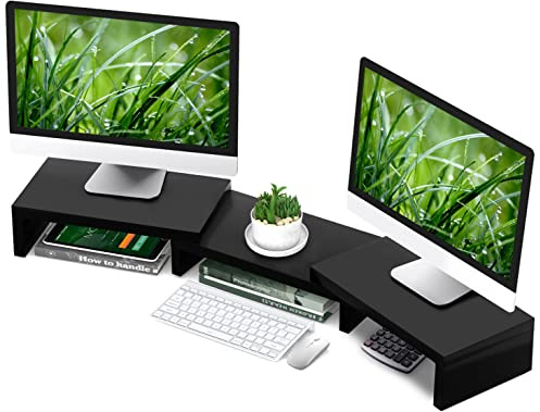 TAVR Dual Monitor Stand Riser Office Desktop Organizer Stand for 2 Monitors, Adjustable Length and Angle 3 Shelf, Extra Long Multifunctional Wooden Stand up to 43.3 fit Computer, Laptop, TV, Black