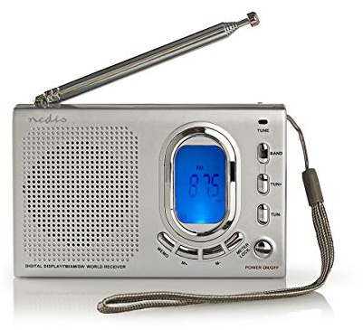 NEDIS World Receiver Radio World Radio Receiver FM/AM/SW, Portable Radio Alarm and Clock with Headphones Output and LED Display, Battery Powered, 1.5 W, Grey Grey, Silber, RDWR1000GY