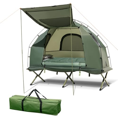 Tangkula 5-in-1 Tent Cot, 1 Person Camping Tent Combo with Awning, Air Mattress, Sleeping Bag, Air Pillow, Elevated Single Cot with Carrying Bag for Outdoor Hiking, Picnic, Travel