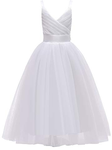 Glamulice V Neck Spaghetti Straps Lace Flower Girl Dress First Communion Kids Birthday Ball Gown Princess Bridesmaid Tulle Maxi Long A Line Pageant Wedding Party Dresses Holiday 10 White Prom Dance