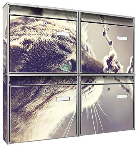 banjado Briefkastenanlage 4 Fach - Postkästen groß - verzinkter Stahl Silber DIN A4 Motiv Weidenkätzchen - Briefkasten Set 4 Briefkästen Namensschild, 2 Schlüssel, Montagematerial