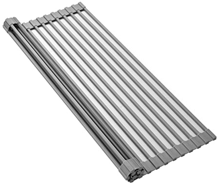 Silicone-Coated Stainless Steel Over The Sink Multipurpose Roll-Up Dish Drying Rack, 17.2X12.2, Heat Resistant Non Slip Dish Draining Rack BPA Free Dishwasher Safe (S, Gray)