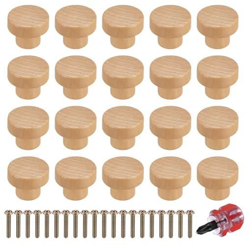 Heozhuyi 20 Piezas Pomos y Tiradores de Madera Redondos, Tiradores y Pomos Perillas de Madera de Puerta para Cajones Armarios Cocina Dormitorio Aparador (35X26MM)