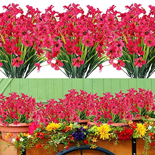 12 Stück Kunstblumen für den Außenbereich Künstliche Violett Blumen UV-beständige Künstliche Pflanze Sträucher Unechte Blumen Innen Draussen für Zuhause Garten Büro Fenster Hochzeit Deko (Rosenrot)