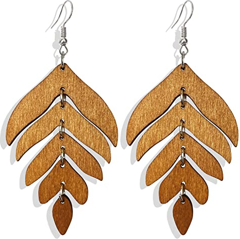 Handmade Lightweight Wooden Leaf Drop Dangle Earrings Bohemian Nature Wood Chain Leaf Earrings for Women Mom Sister Daughter (Dark Brown)