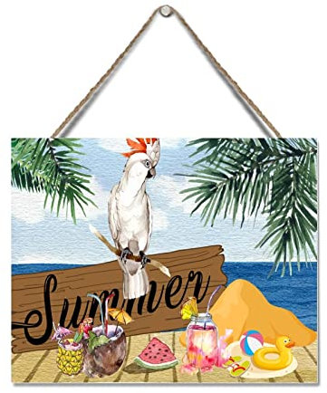 Holzschild mit Papageienparadies-Sommer, personalisierbar, Heimdekoration, tropische Blumen, Palme, Kokosnuss, Strand, Ozean, Insel, rustikales Bauernhaus-Schild, hängend, lustiges Badezimmerschild,