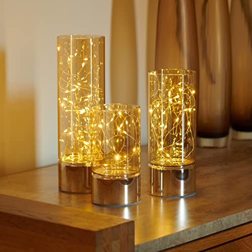 Auraglow Draht Lichterkette Glas Zylinder Laternen 3er Set, mit Timer | Warme LED Glühwürmchen im dekorativen Gefäß, kabellos, für Kaminsims, Regal, Schlafzimmer und Weihnachtsdeko