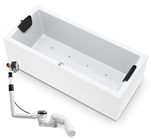 AQUADE Whirlpool Badewanne Wolfsburg Air Relax 180x80 cm mit LED Whirlpool Beleuchtung, Badewannen Ablaufgarnitur und Überlaufgarnitur mit Zulauf & Badekissen für Badewanne Whirlpool
