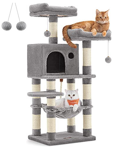 Feandrea Árbol para Gatos de Altura 112 cm, Torre para Gatos, con 11 Postes Rascadores, 2 Plataformas, 1 Cueva, 1 Hamaca, 2 Pompones, Tela de Felpa, Multinivel, Gris Claro PCT215W01