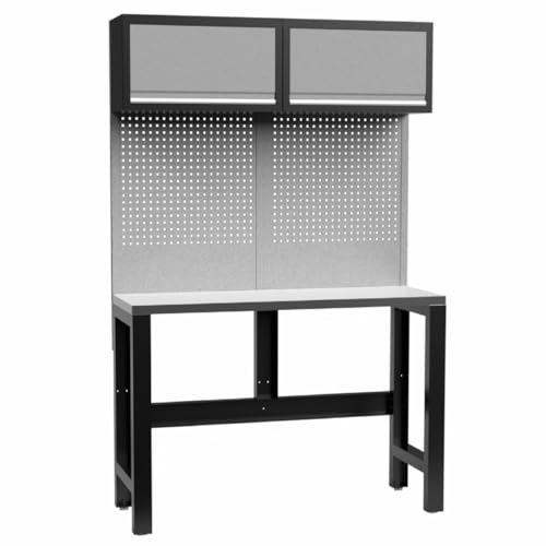 Kraftmeister werkbank 136 cm - mit Werkzeugwand, 2 Schränken und Edelstahl-Arbeitsplatte - Grau