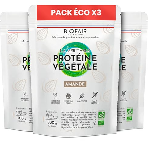 BIOFAIR NUTRITION - Proteine in Polvere Vegana, Vegetale e Bio - A Base di Mandorle di Sicilia - Sana, 100% Naturale e Responsabile - Set da 3 x 500 Gr - 1500 Gr