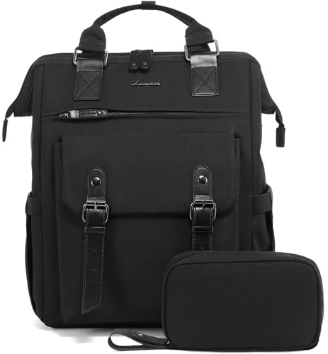LOVEVOOK Stor ryggsäck för kvinnor, 45 cm (18 tum), vattentät reseryggsäck, handbagage, ryggsäck för flygplan, svart, med datakabelväska, laptopväska, dagryggsäck för skola, universitet och
