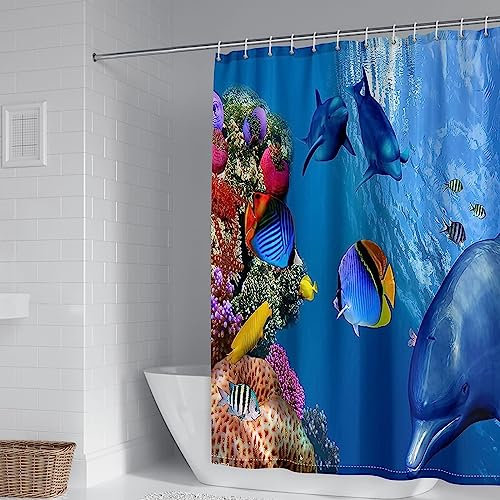 Aotiwe Duschvorhang Badewanne U Form, Shower Curtains Fabric Delfin Korallenfisch Blau Gelb Polyester 150X180cm