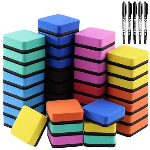 Tanstic 45Pcs Dry Erase Erasers with Dry Erase Markers Assortment Kit, Magnetic Whiteboard Eraser, Chalkboard Eraser for Classroom Home Office(8 Colors, 2 x 2 x 0.78 Inch)