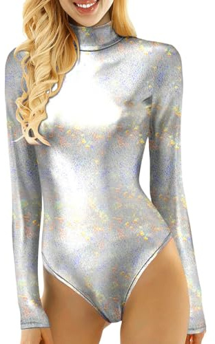 Damen Body Langarm, Metallic Ballettanzug mit Rundhals Ausschnitt, Gymnastikanzug für Ballett Sport Tanz Disko Kostüm Fasching - Diverse Größen -