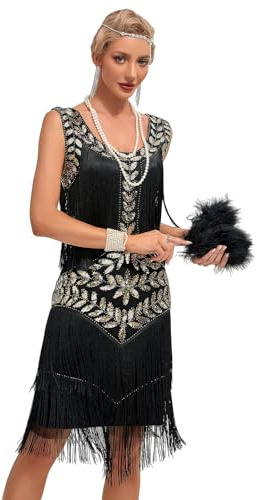 Viloree Vestido con Flecos y Lentejuelas con Cuello en V de los años 20 y Accesorios de los años 20 Negro (56) 3XL