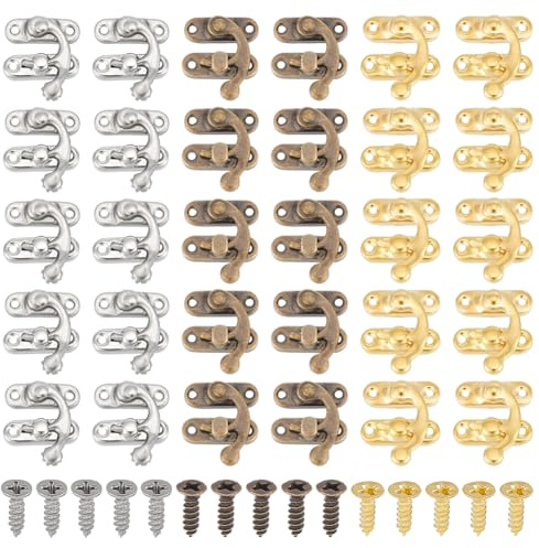 OLYCRAFT 30Pcs Jewelry Box Latch Hook Clasp Jewelry Box Hardware Jewelry Right Latch Hook Hasp Swing Arm Lock Clasp with 120pcs Replacement Screws for Jewelry Box Cabinet -Antique Bronze/Gold/Platinum