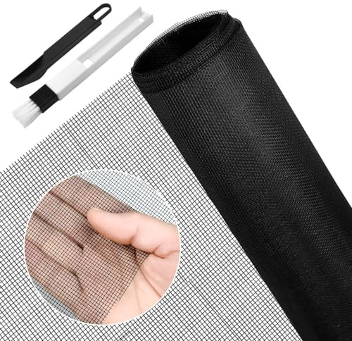 BUZIFU Window Screen Mesh 90 x 220 cm Fiberglass Screen Fly Screen Wire Mesh Insect Mesh Replacement Cuttable Mosquito Net Pet Screen with Cleaning Brush for Windows Doors Patio, Cat-Proof, Black